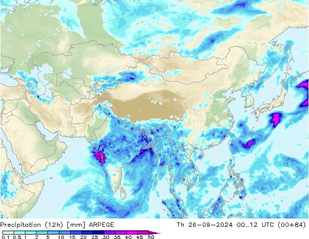 Totale neerslag (12h) ARPEGE do 26.09.2024 12 UTC