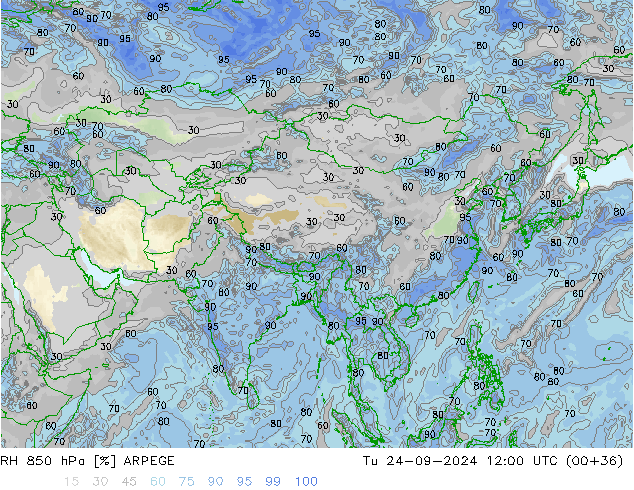 RH 850 hPa ARPEGE Di 24.09.2024 12 UTC