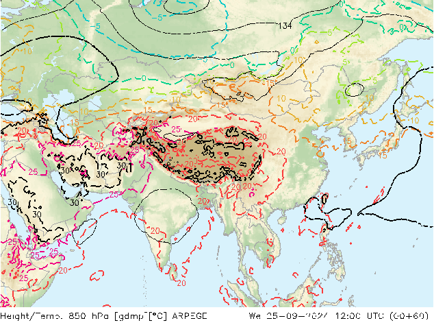 Hoogte/Temp. 850 hPa ARPEGE wo 25.09.2024 12 UTC