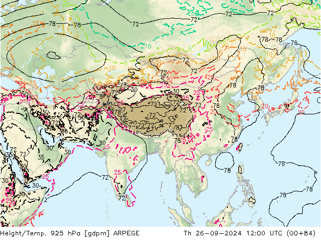 Height/Temp. 925 hPa ARPEGE Čt 26.09.2024 12 UTC