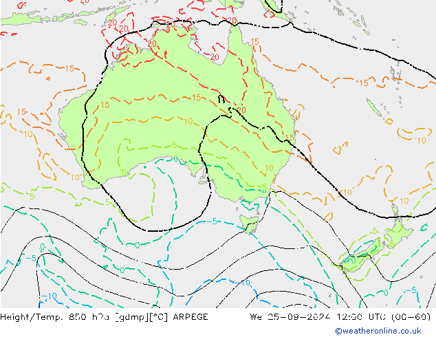 Height/Temp. 850 hPa ARPEGE mer 25.09.2024 12 UTC