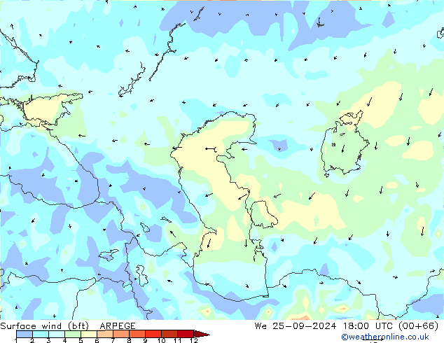 Viento 10 m (bft) ARPEGE mié 25.09.2024 18 UTC