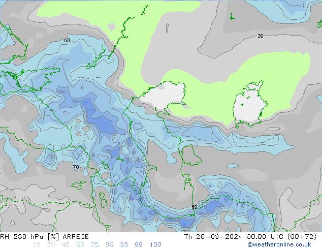 Humedad rel. 850hPa ARPEGE jue 26.09.2024 00 UTC