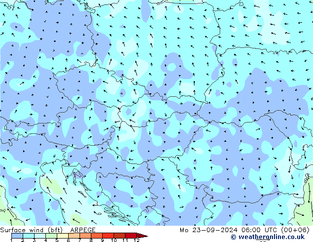 Vento 10 m (bft) ARPEGE Seg 23.09.2024 06 UTC