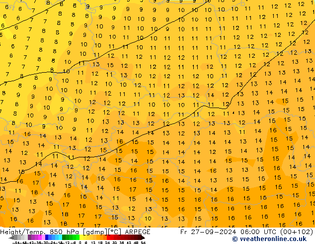 Height/Temp. 850 hPa ARPEGE Fr 27.09.2024 06 UTC