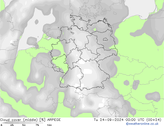 Cloud cover (middle) ARPEGE Tu 24.09.2024 00 UTC