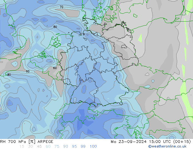 RH 700 hPa ARPEGE Po 23.09.2024 15 UTC