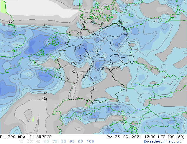 RH 700 hPa ARPEGE mer 25.09.2024 12 UTC