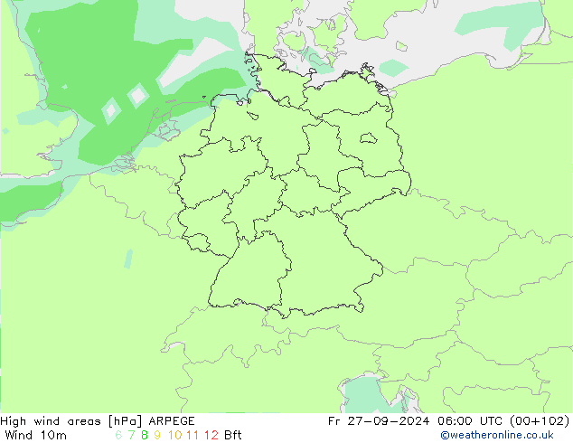 High wind areas ARPEGE Pá 27.09.2024 06 UTC