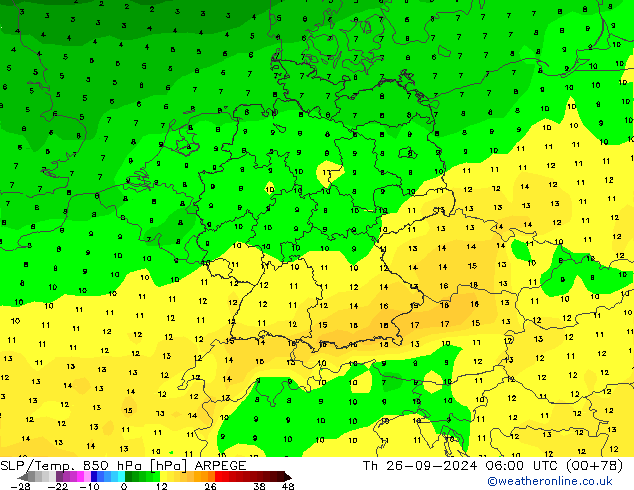 SLP/Temp. 850 hPa ARPEGE czw. 26.09.2024 06 UTC