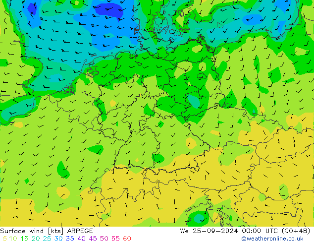 Vent 10 m ARPEGE mer 25.09.2024 00 UTC