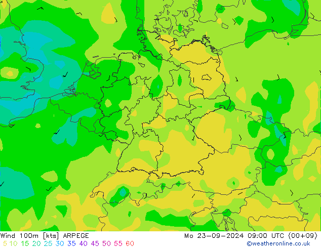 Wind 100m ARPEGE Po 23.09.2024 09 UTC