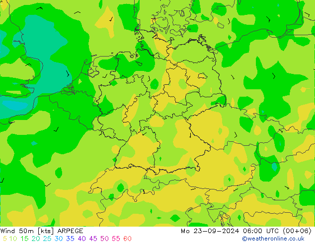 Wind 50m ARPEGE Mo 23.09.2024 06 UTC