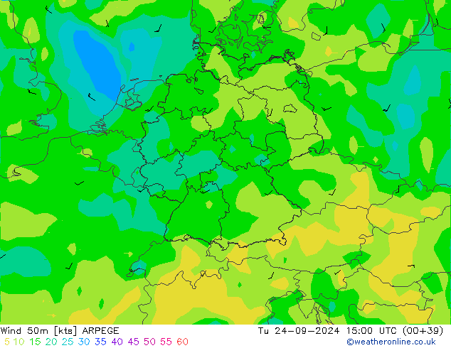 Wind 50m ARPEGE Út 24.09.2024 15 UTC