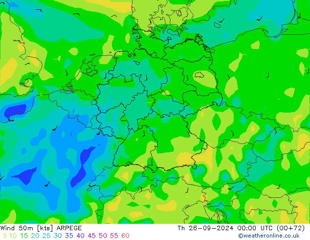 Vento 50 m ARPEGE Qui 26.09.2024 00 UTC