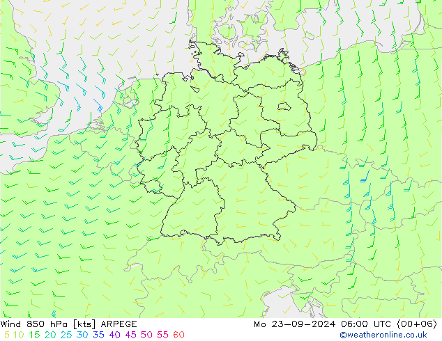 Wind 850 hPa ARPEGE Mo 23.09.2024 06 UTC