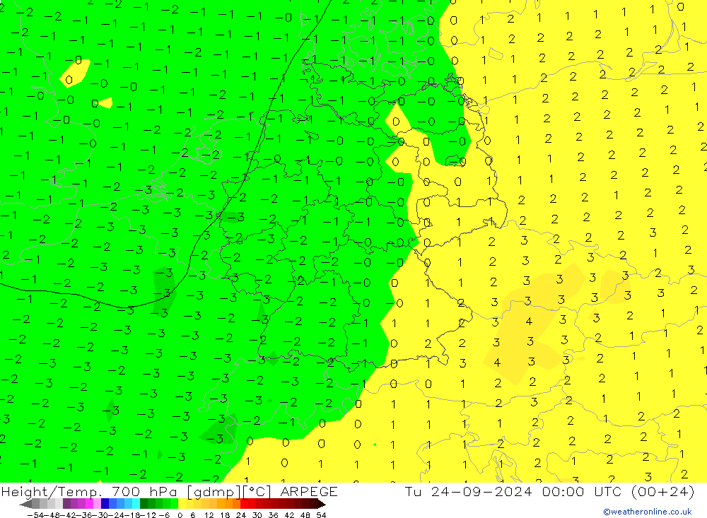 Height/Temp. 700 hPa ARPEGE Di 24.09.2024 00 UTC