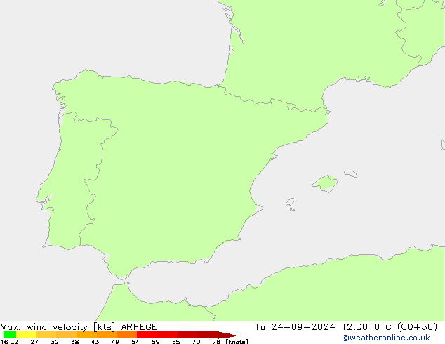 Max. wind velocity ARPEGE Ter 24.09.2024 12 UTC