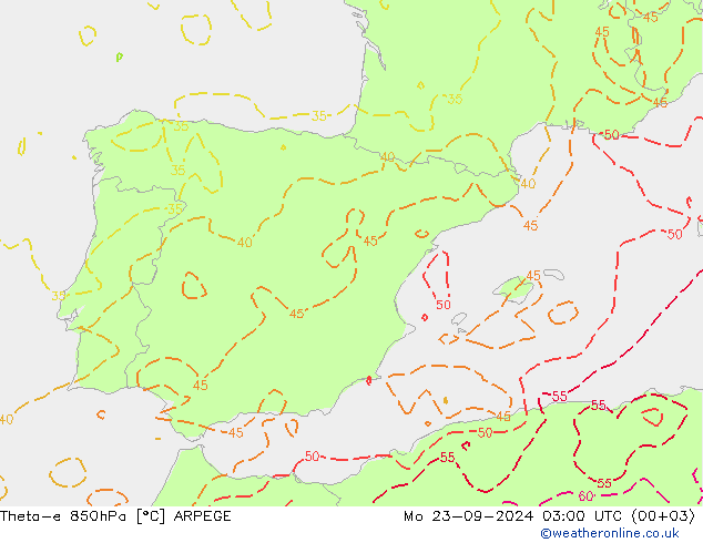 Theta-e 850hPa ARPEGE lun 23.09.2024 03 UTC