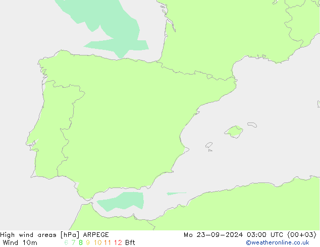 High wind areas ARPEGE lun 23.09.2024 03 UTC