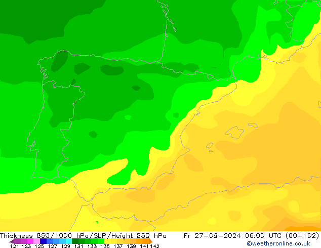 Thck 850-1000 гПа ARPEGE пт 27.09.2024 06 UTC