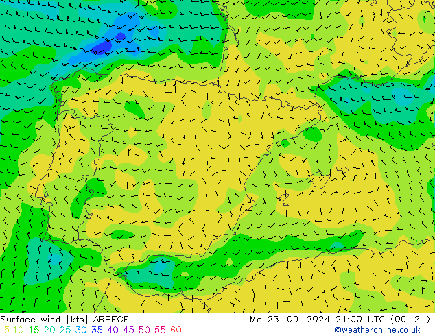 Surface wind ARPEGE Po 23.09.2024 21 UTC