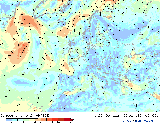 Surface wind (bft) ARPEGE Mo 23.09.2024 03 UTC