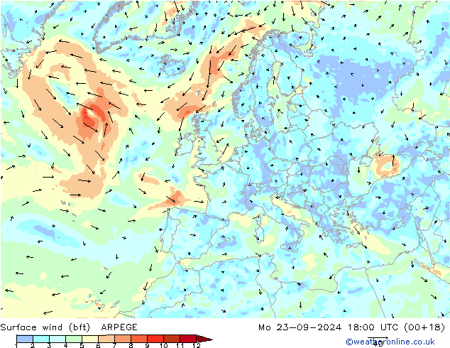 Bodenwind (bft) ARPEGE Mo 23.09.2024 18 UTC