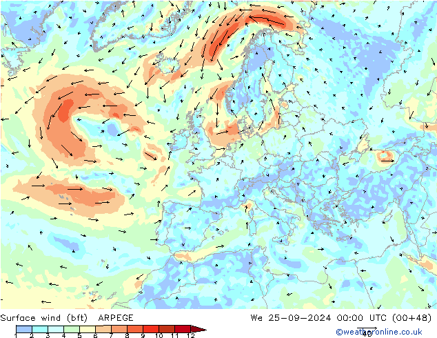 Viento 10 m (bft) ARPEGE mié 25.09.2024 00 UTC