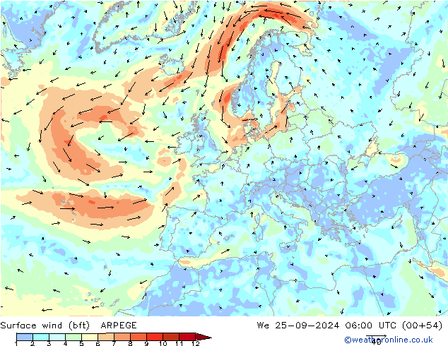 Surface wind (bft) ARPEGE We 25.09.2024 06 UTC