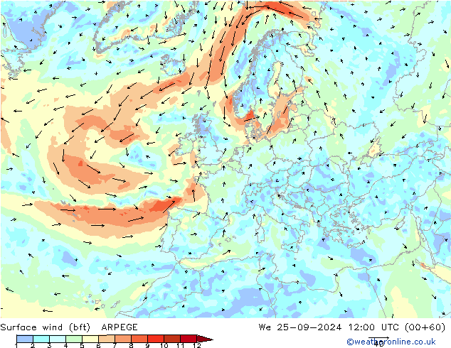 Surface wind (bft) ARPEGE We 25.09.2024 12 UTC