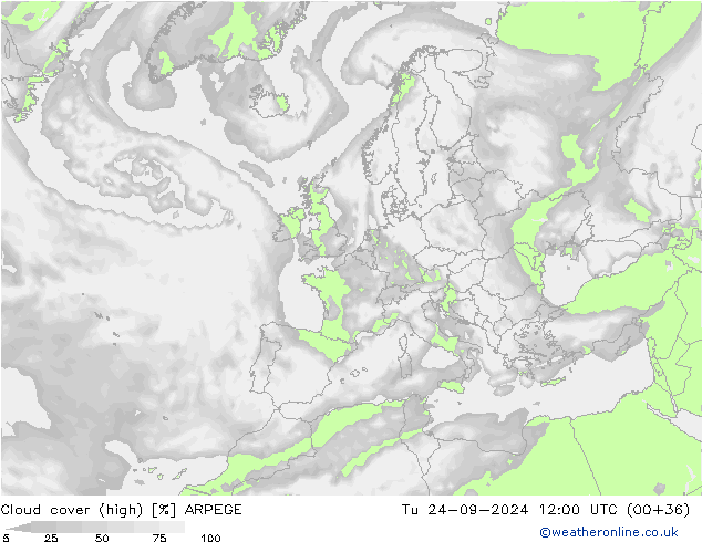 Cloud cover (high) ARPEGE Tu 24.09.2024 12 UTC