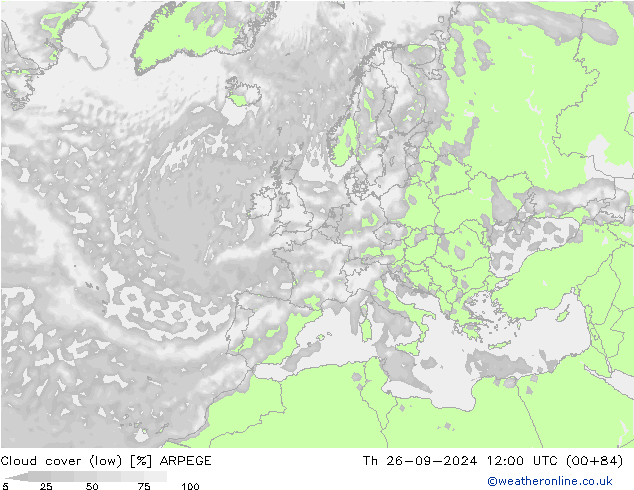 Cloud cover (low) ARPEGE Th 26.09.2024 12 UTC