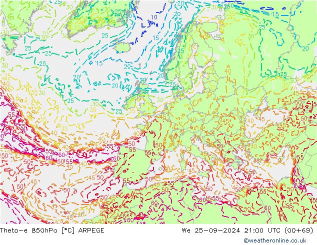 Theta-e 850hPa ARPEGE śro. 25.09.2024 21 UTC