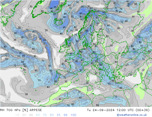 RH 700 hPa ARPEGE wto. 24.09.2024 12 UTC