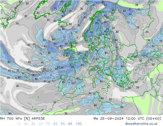 RH 700 hPa ARPEGE  25.09.2024 12 UTC