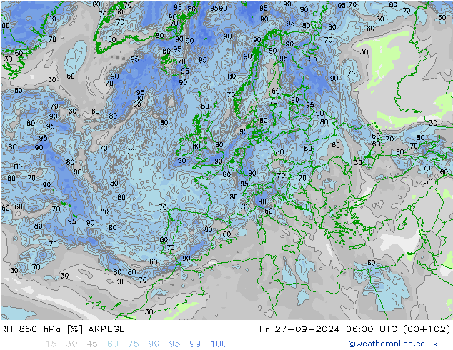 RH 850 hPa ARPEGE Fr 27.09.2024 06 UTC