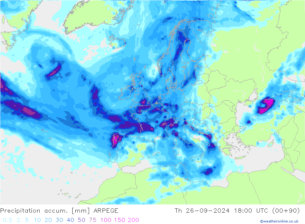 Precipitation accum. ARPEGE  26.09.2024 18 UTC