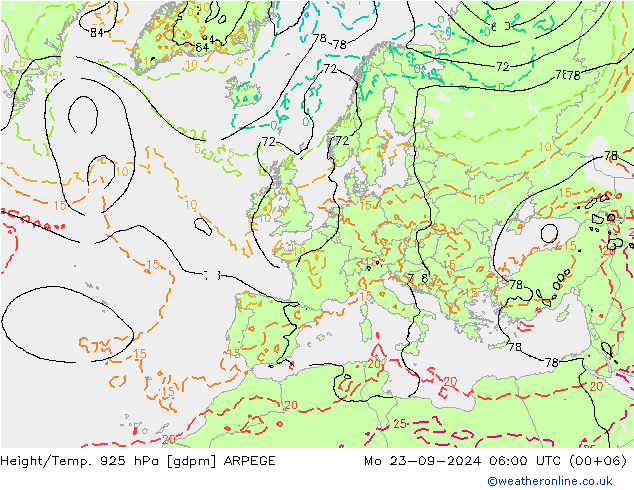 Height/Temp. 925 hPa ARPEGE lun 23.09.2024 06 UTC