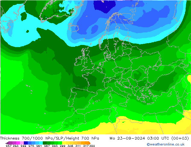 Thck 700-1000 hPa ARPEGE Mo 23.09.2024 03 UTC