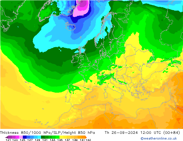 Thck 850-1000 hPa ARPEGE Th 26.09.2024 12 UTC