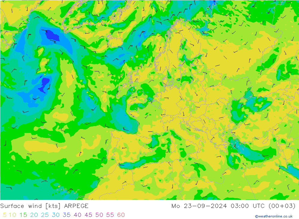 Vento 10 m ARPEGE Seg 23.09.2024 03 UTC