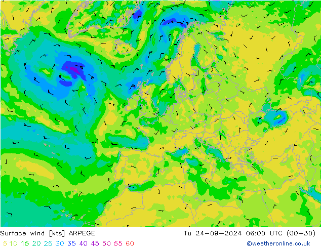 wiatr 10 m ARPEGE wto. 24.09.2024 06 UTC