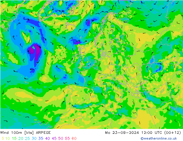 Vento 100m ARPEGE lun 23.09.2024 12 UTC