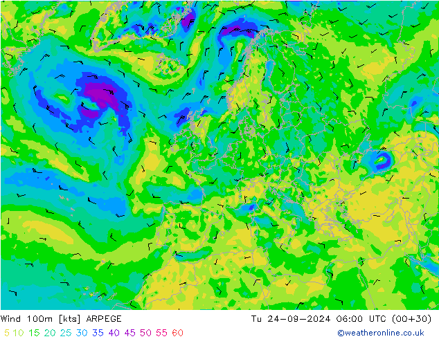 Wind 100m ARPEGE Tu 24.09.2024 06 UTC