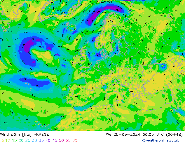 Wind 50m ARPEGE We 25.09.2024 00 UTC