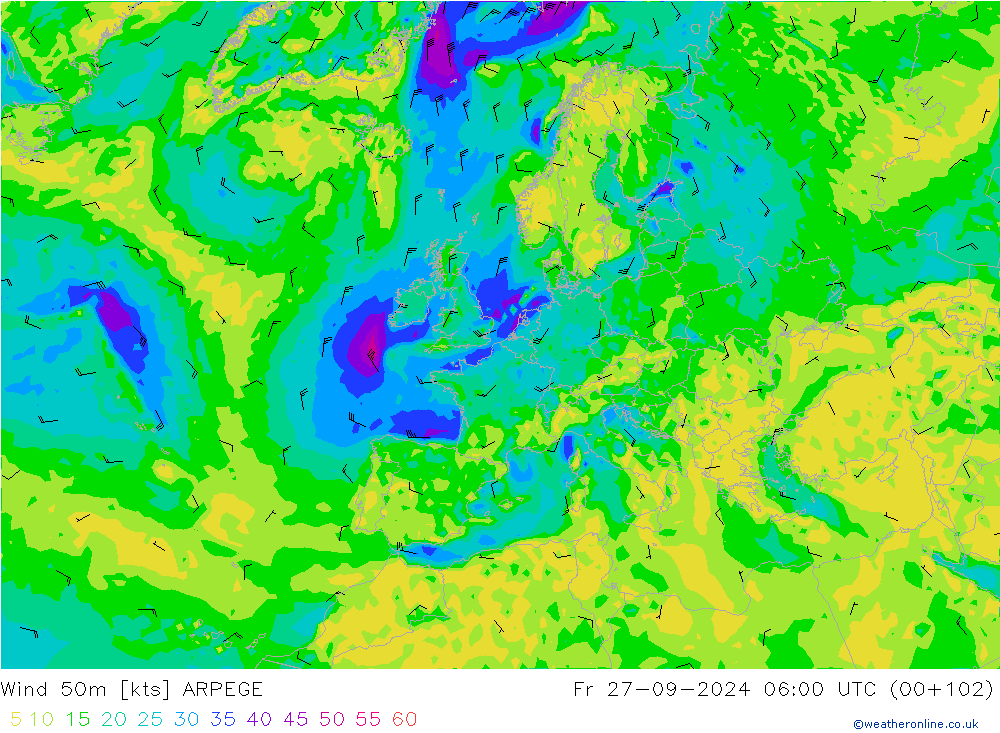 Vent 50 m ARPEGE ven 27.09.2024 06 UTC