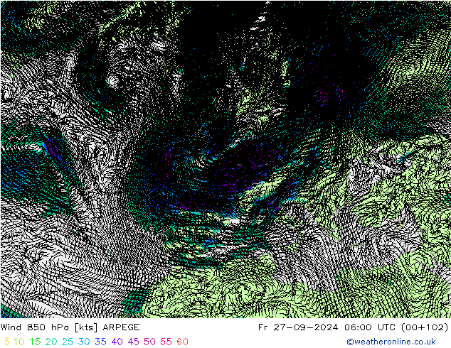 Vento 850 hPa ARPEGE Sex 27.09.2024 06 UTC