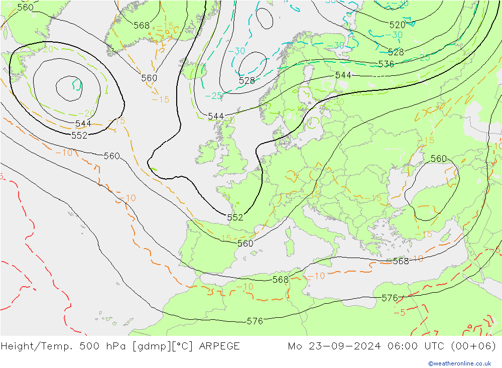 Height/Temp. 500 hPa ARPEGE Mo 23.09.2024 06 UTC