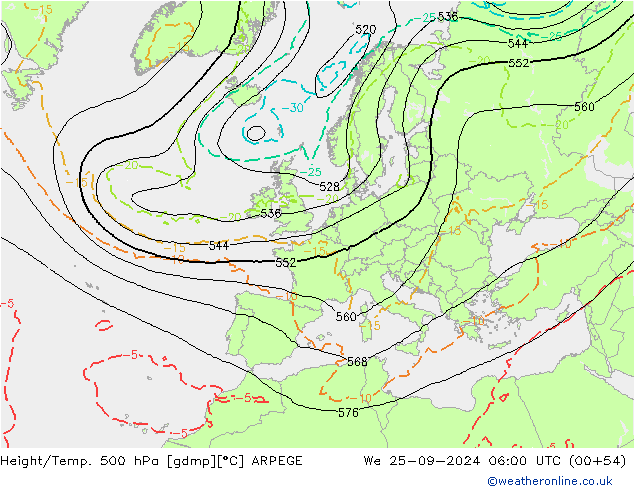 Height/Temp. 500 hPa ARPEGE Mi 25.09.2024 06 UTC